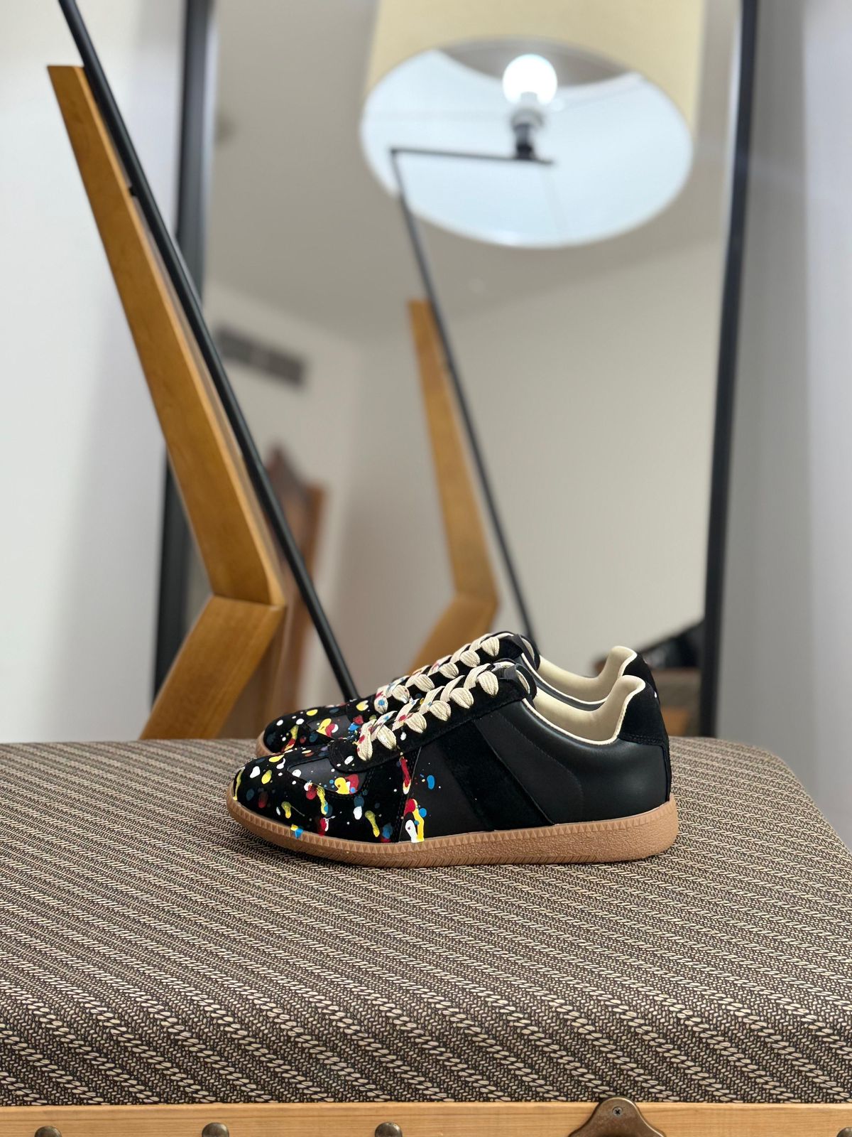 Maison Margiela Paint Low-Top Sneakers – Black Calf Leather (Paint Splatter)