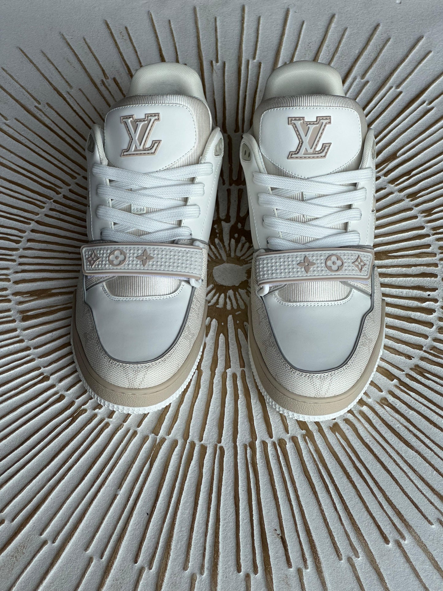 Louis Vuitton LV Trainer Sneaker – Beige Calf Leather & Denim (Style 1AHTUT, Men’s)