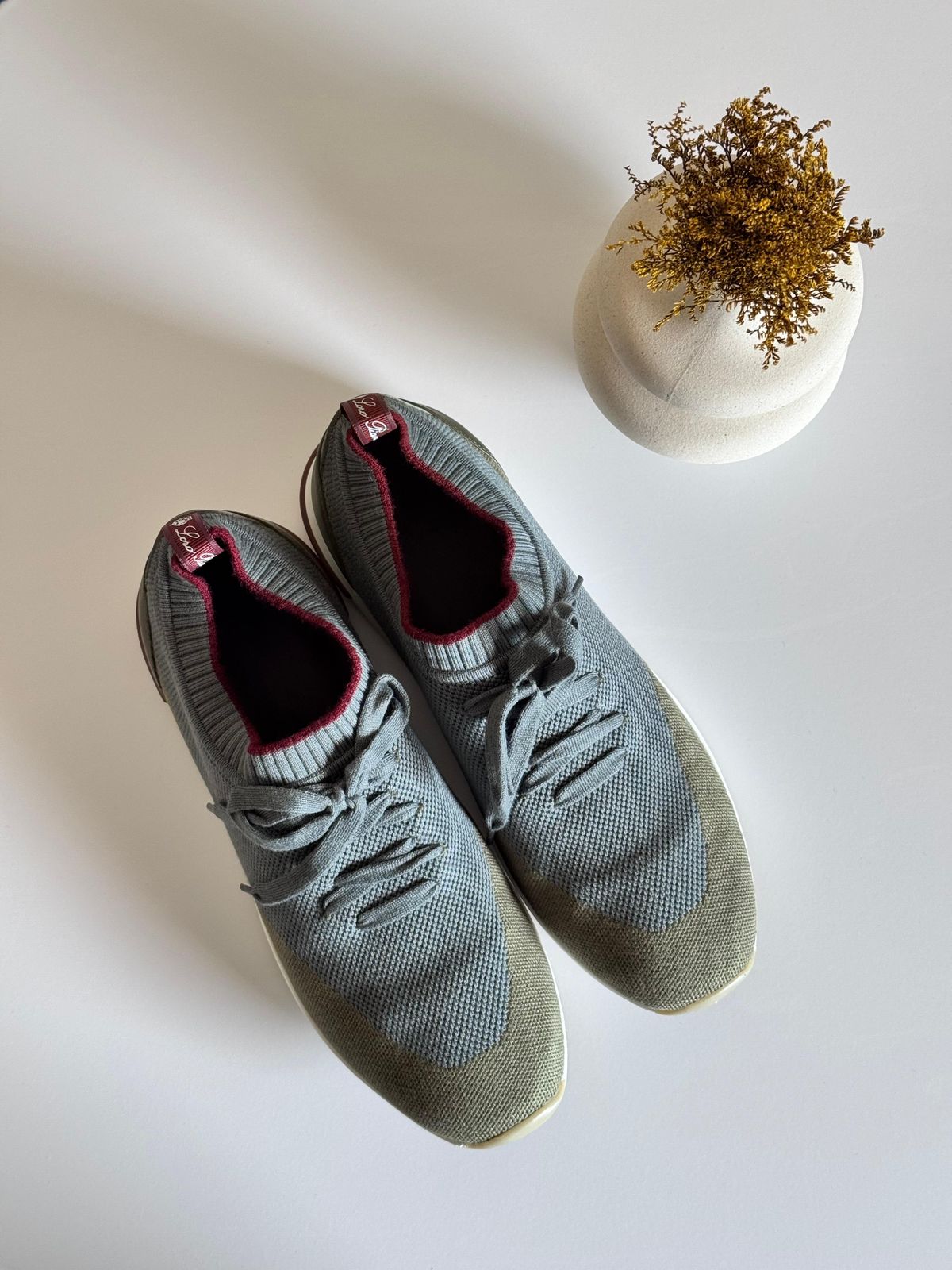 Loro Piana Olive Green Knit Fabric and Leather Low Top Sneakers Loro Piana