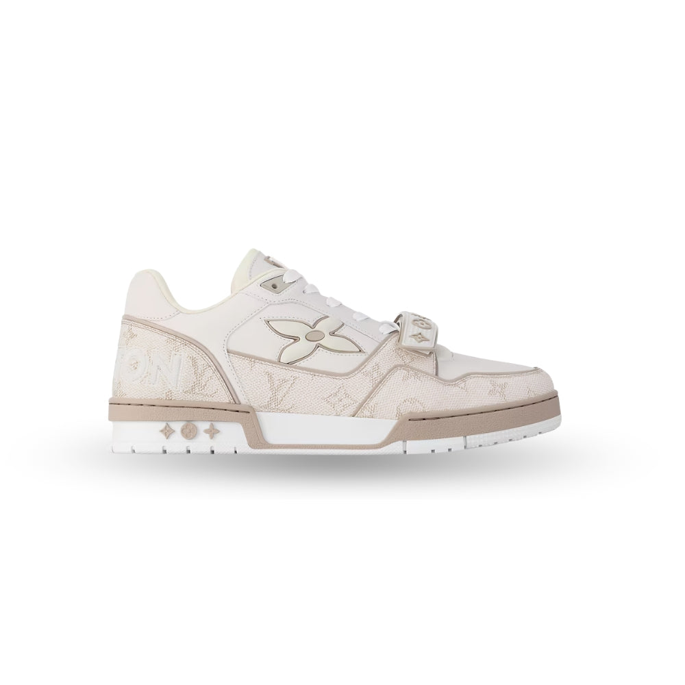 Louis Vuitton LV Trainer Sneaker – Beige Calf Leather & Denim (Style 1AHTUT, Men’s)