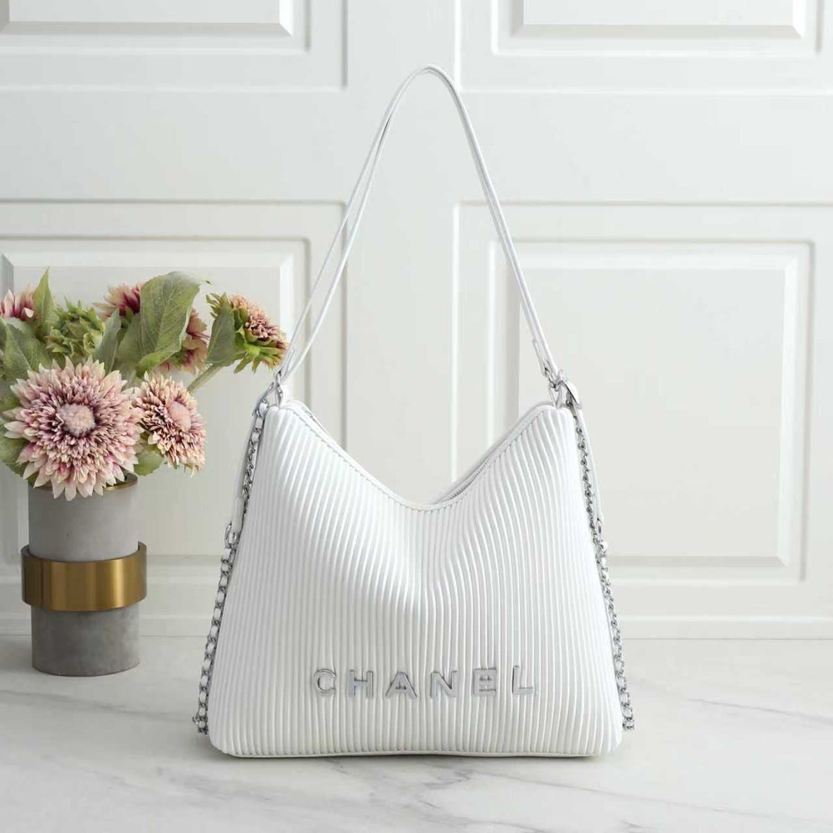 Chanel Bag | Pleated Ribbed Hobo Bag Light White