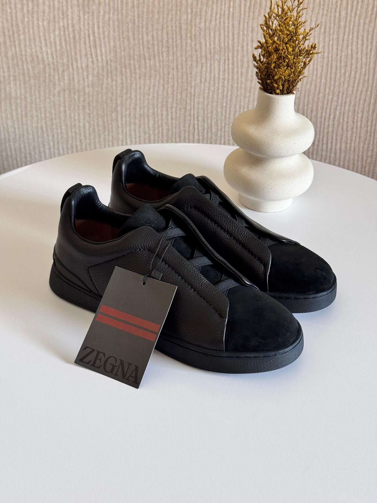 Zegna Velvet & Deerskin Triple Stitch™ Sneakers – Black Luxury Slip-On