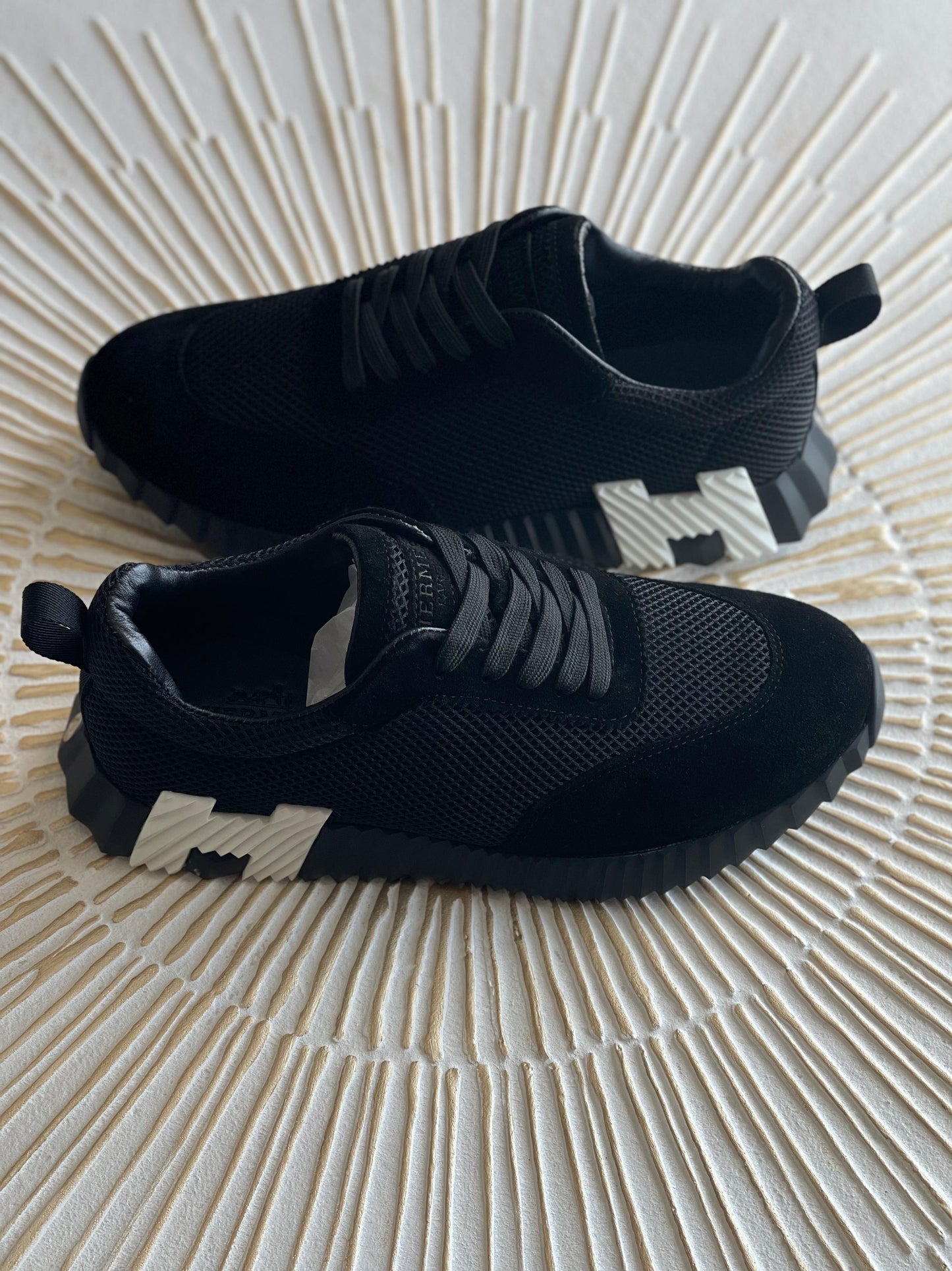 Hermès Bouncing Sneaker – Black Mesh & Suede Goatskin with White “H” Heel Detail (Men’s, Style H232856ZH01415)