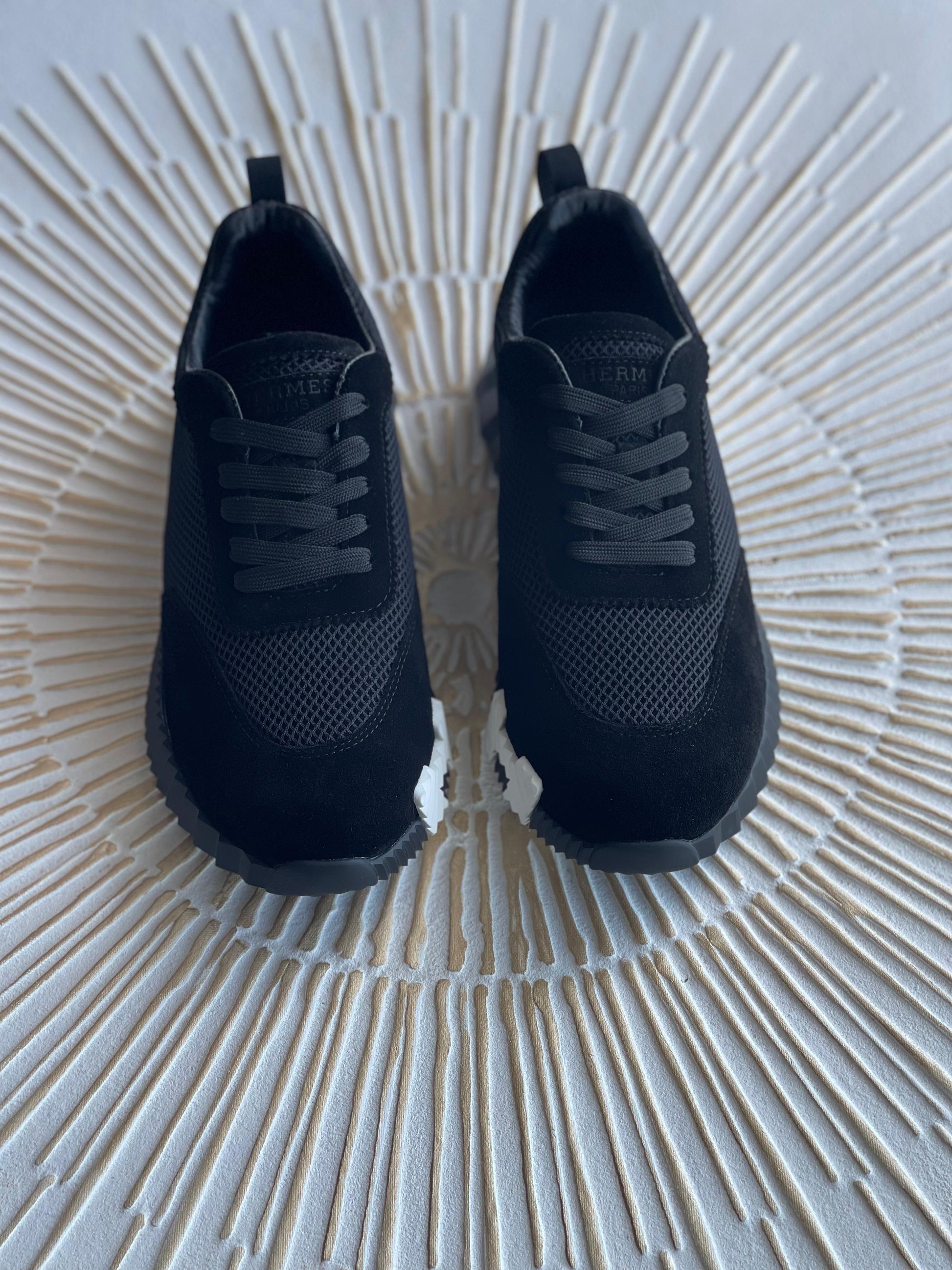 Hermès Bouncing Sneaker – Black Mesh & Suede Goatskin with White “H” Heel Detail (Men’s, Style H232856ZH01415)