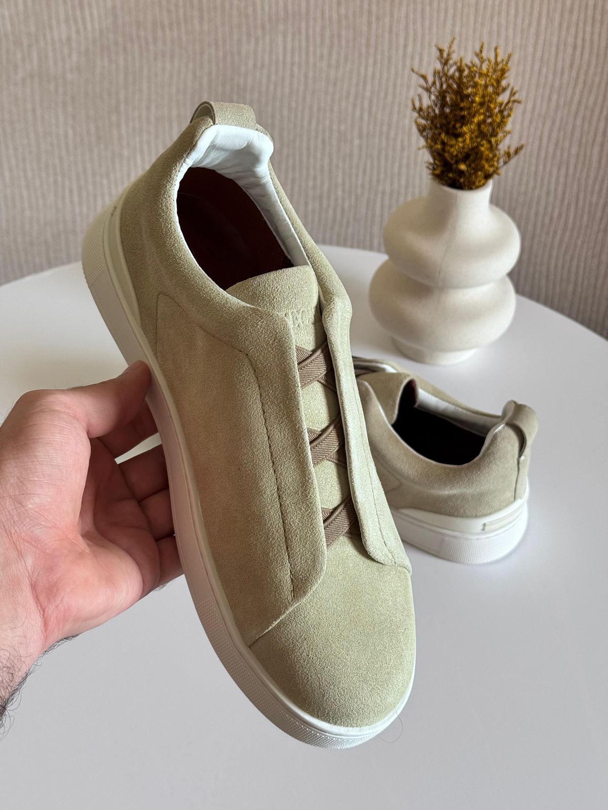 Zegna Light Beige Cotton Linen & Leather Triple Stitch™ Slip-On Sneakers – SS26