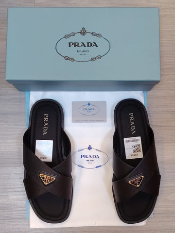 Prada Rouge Saffiano leather crisscross slides