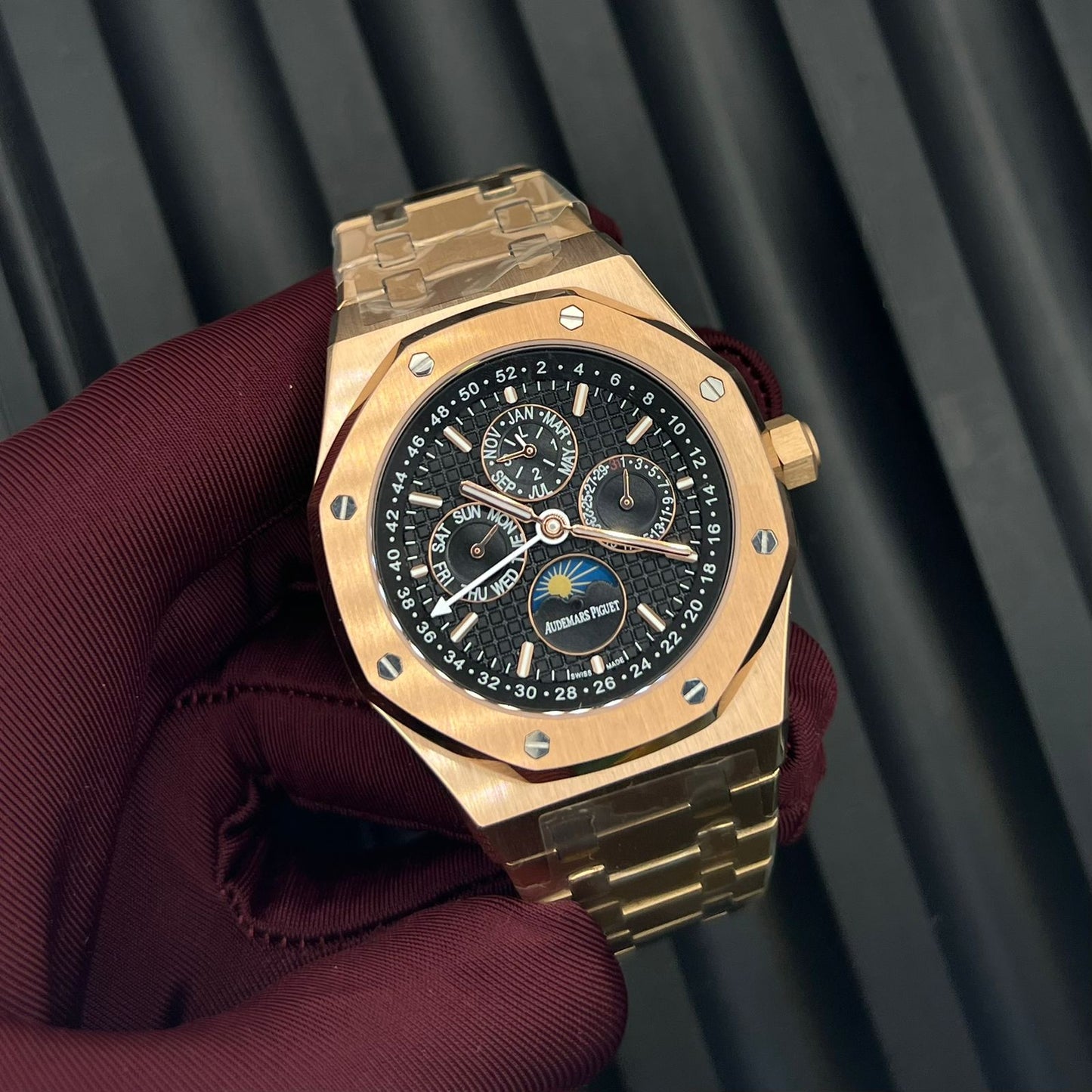 Audemars Piguet Royal Oak Perpetual Calendar Watch in an 18K Rose Gold Case with a "Grande Tapisserieé Decorated Dial