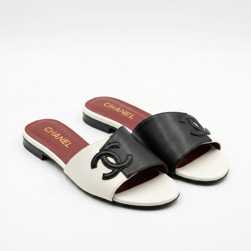 Chanel Women Two-Tone CC Wide Strap Slides | Black and White