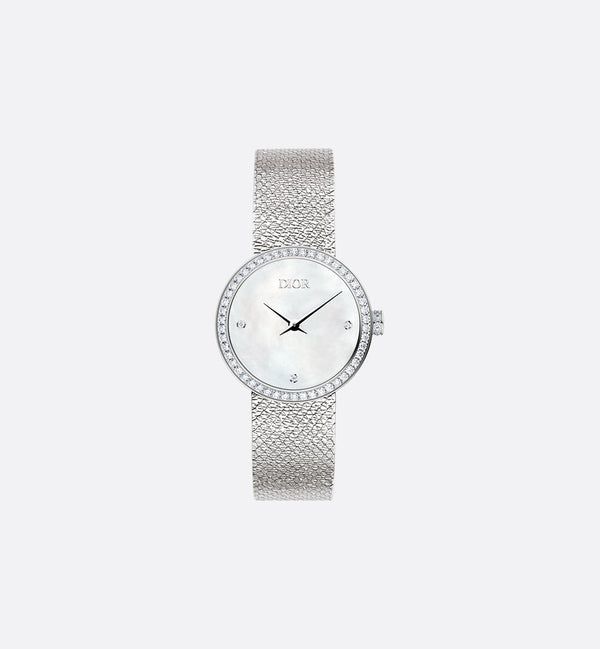 La D de Dior Satine Ø 25 MM, Steel, White Mother-Of-Pearl | Women's