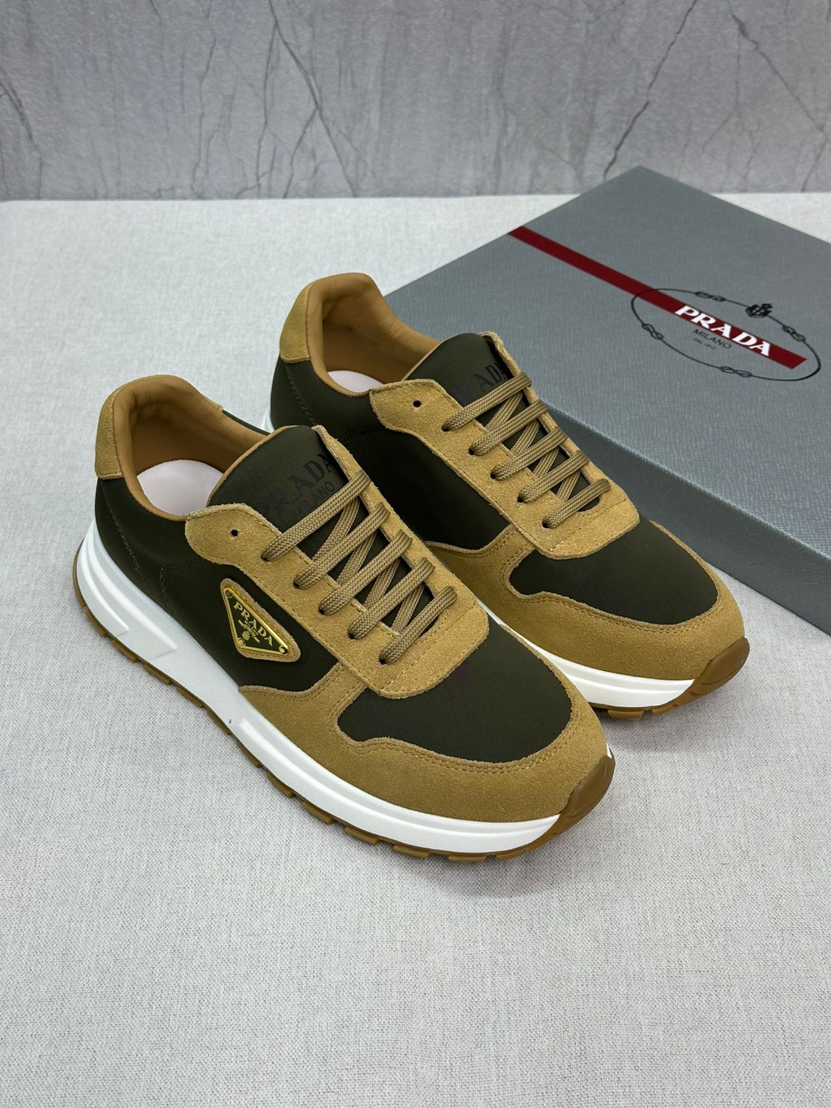 Prada PRAX 01 Sneakers – Re-Nylon & Brushed Leather (Ecru/Military, Style 2EE369_3KUY_F03TK)