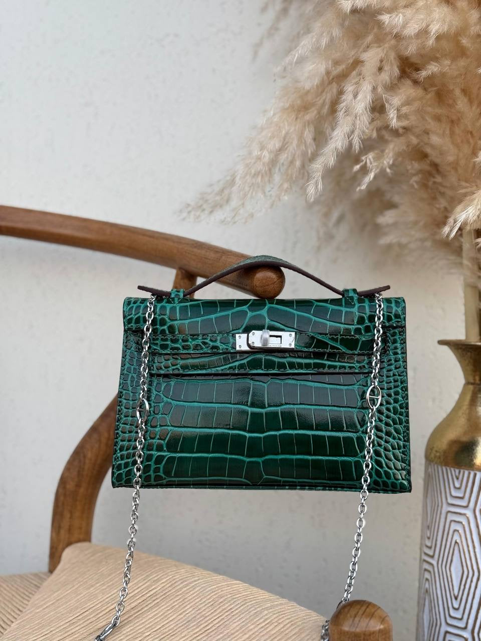 Hermés Kelly Pochette Shiny Alligator 67 Vert Fonce