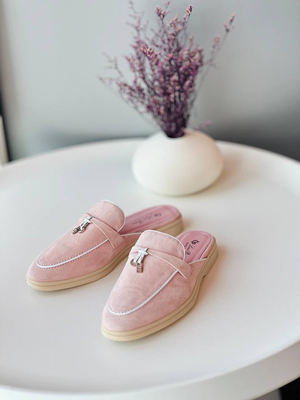 Loro Piana Women's Open-Back Suede Flat Shoes in Pink Beige