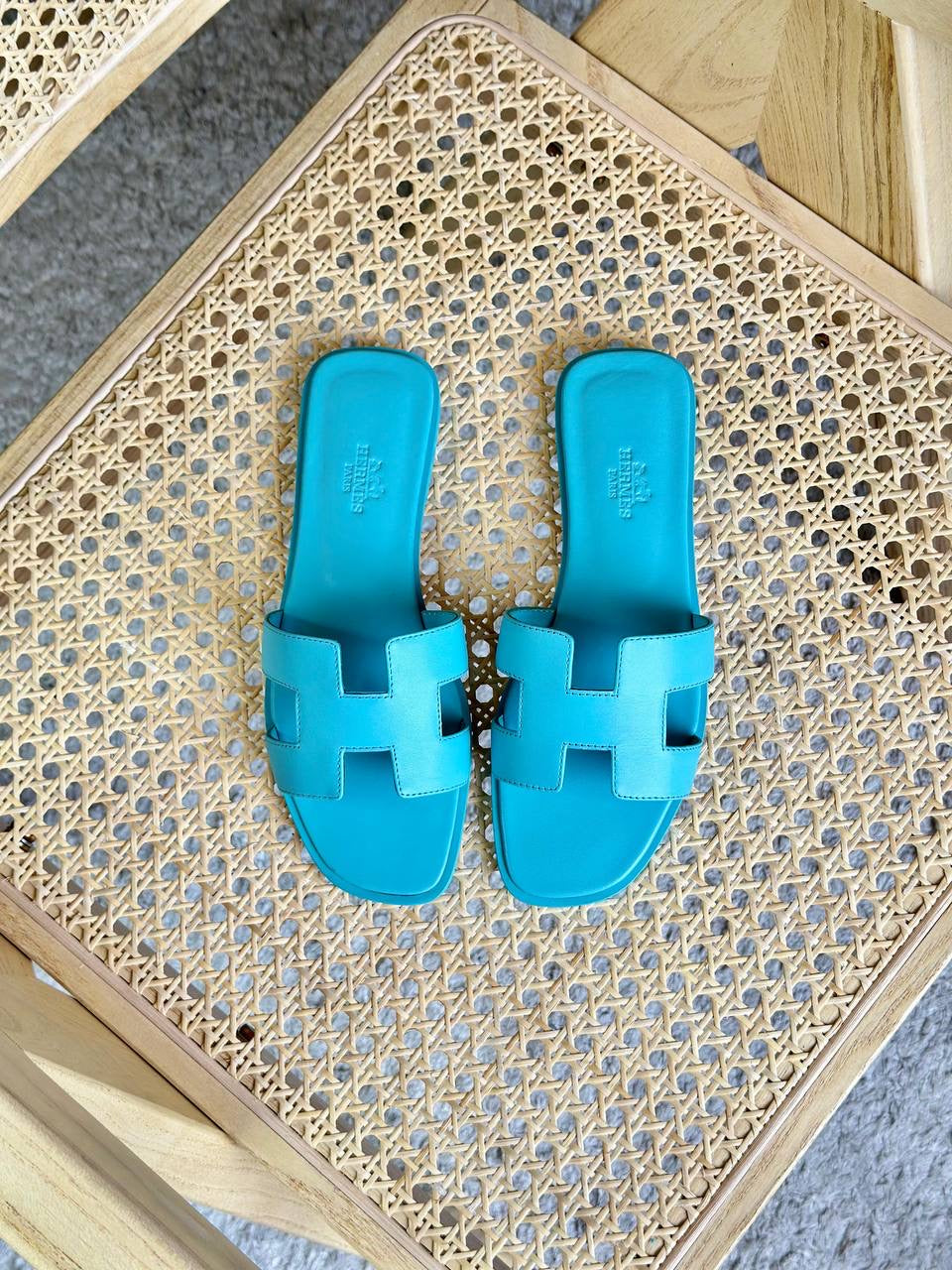 Hermés Oran Sandal in a Turquoise or Aqua Color