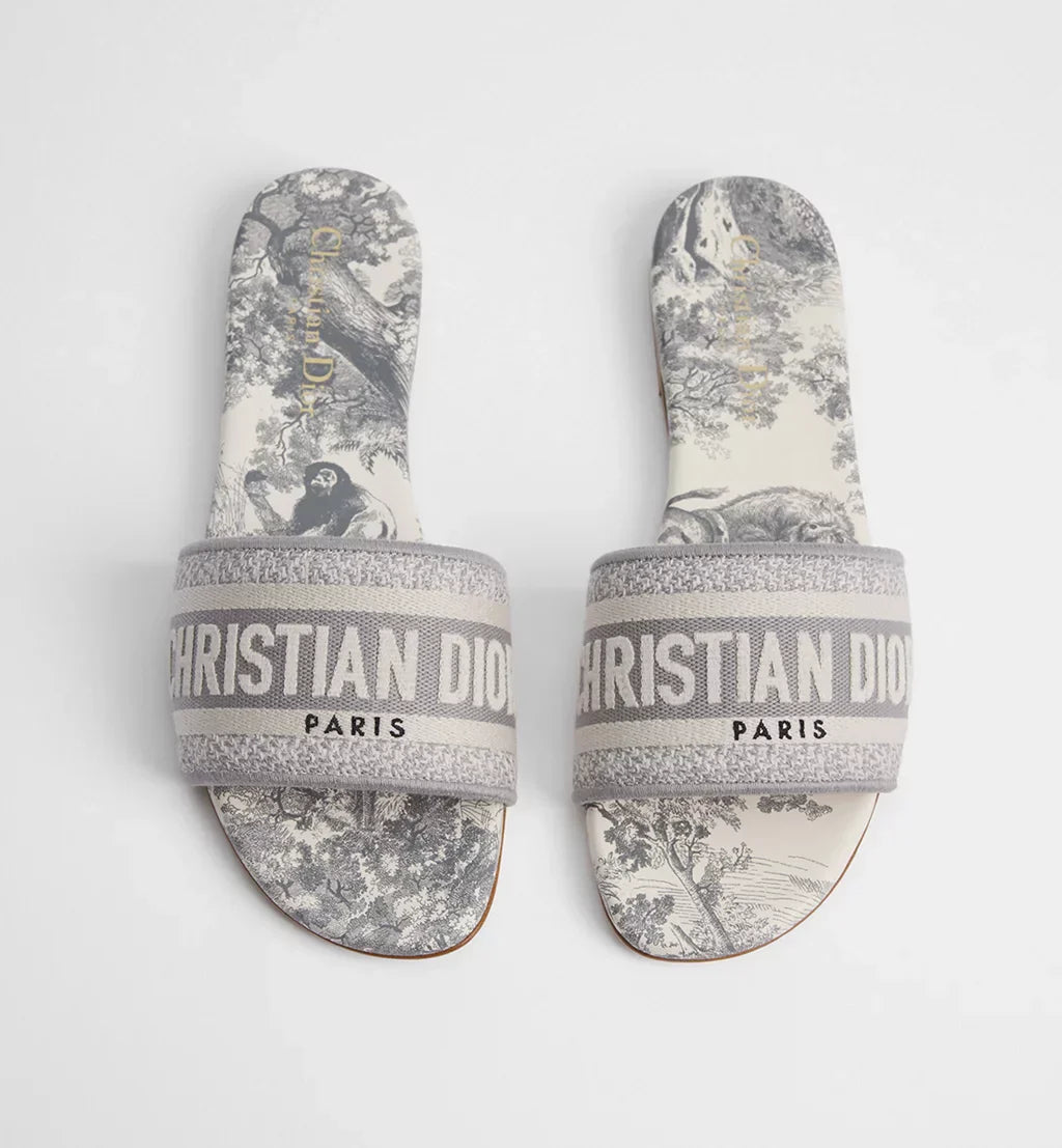 Dway Slide Gray Embroidered Cotton and Toile de Jouy Motif|Women
