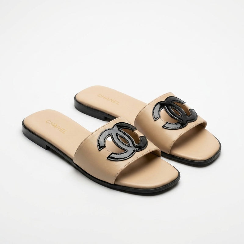 Chanel Slides | CC Logo Beige Leather