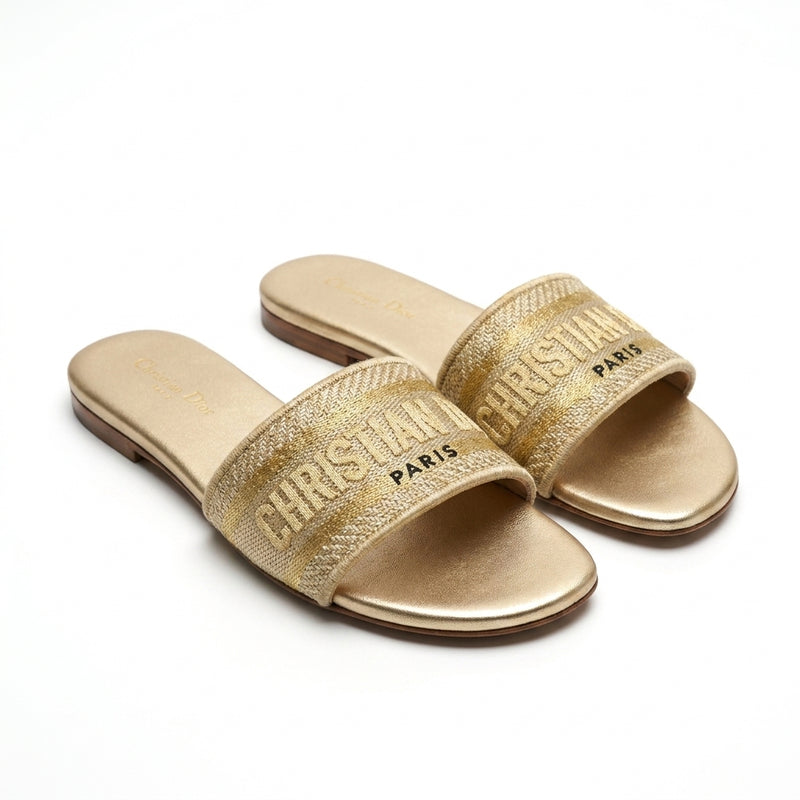 Dior Slides | Dway Gold Metallic Embroidered
