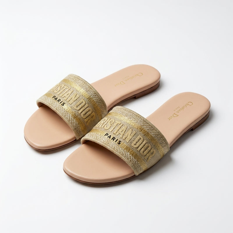 Dior Slides | Dway Gold Green Embroidered