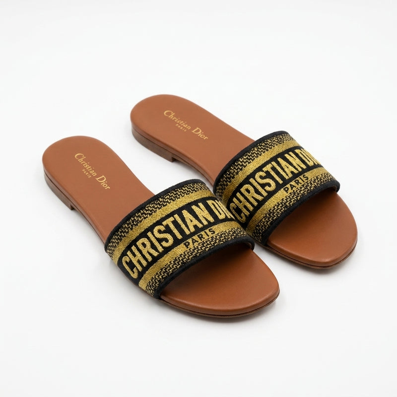 Dior Slides | Dway Black Gold Embroidered