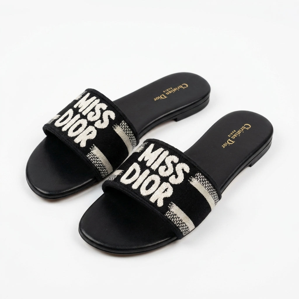 Dior Slides | Miss Dior Black Embroidered