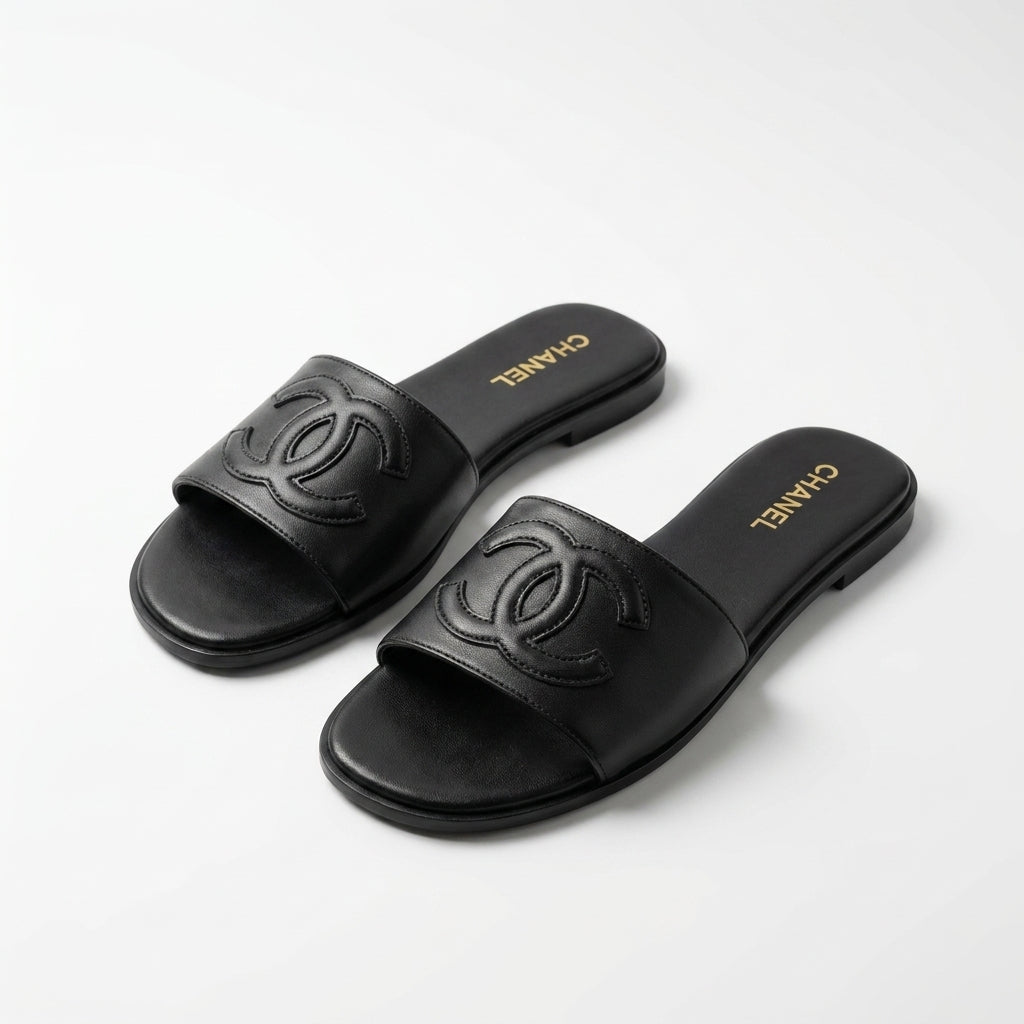 Chanel Slides | CC Logo Black Leather