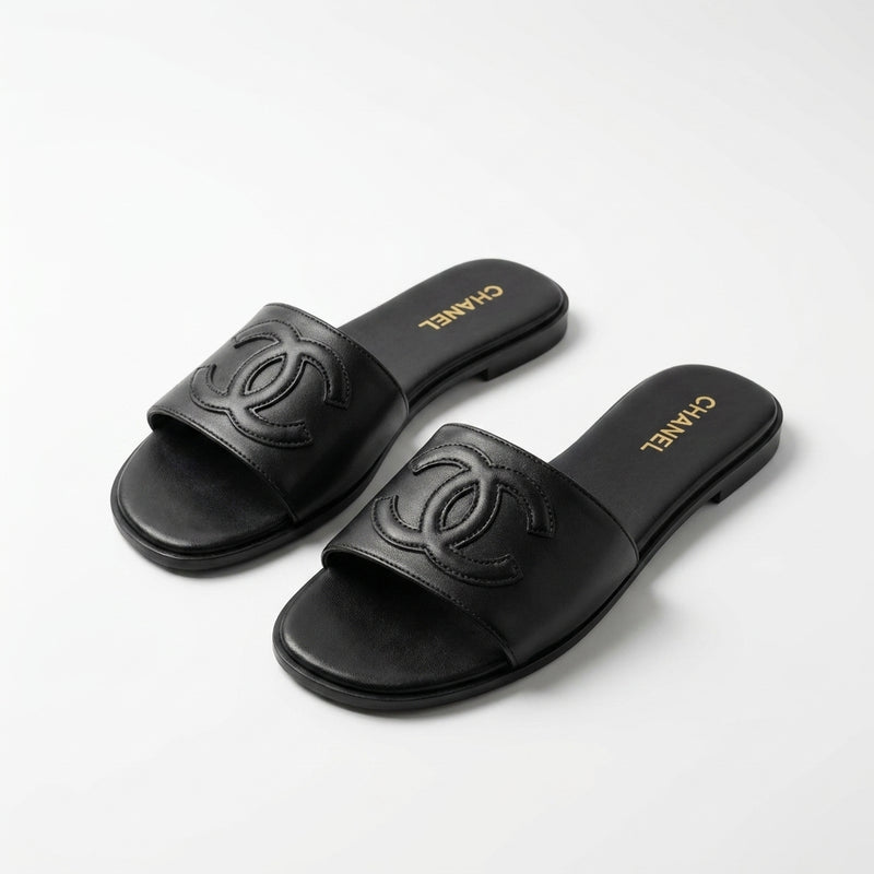 Chanel Slides | CC Logo Black Leather
