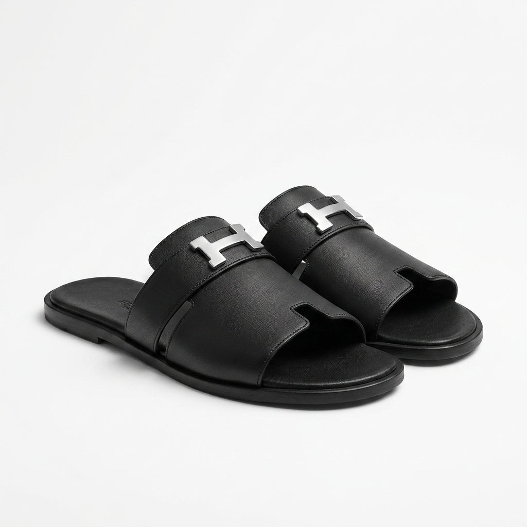 Hermès Men Slides | Santorini Black Silver Buckle
