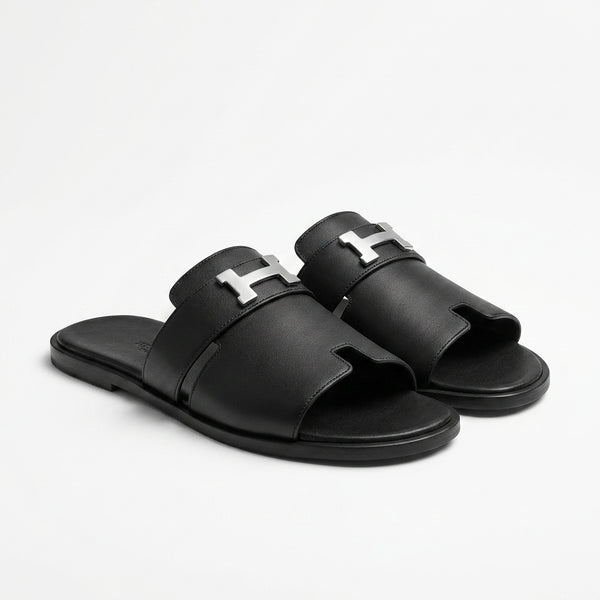 Hermès Men Slides | Santorini Black Silver Buckle