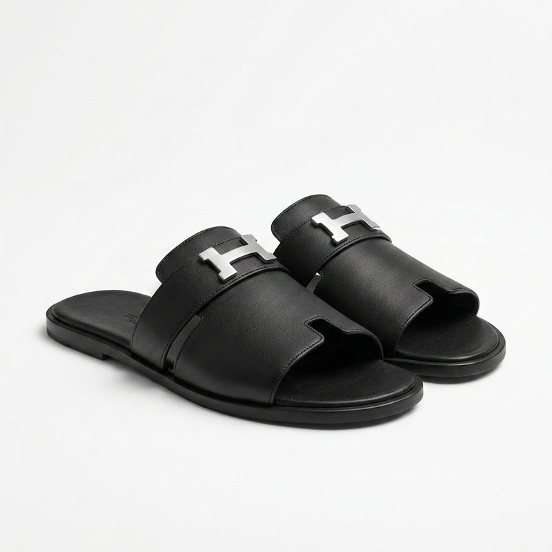 Hermès Men Slides | Santorini Black Silver Buckle