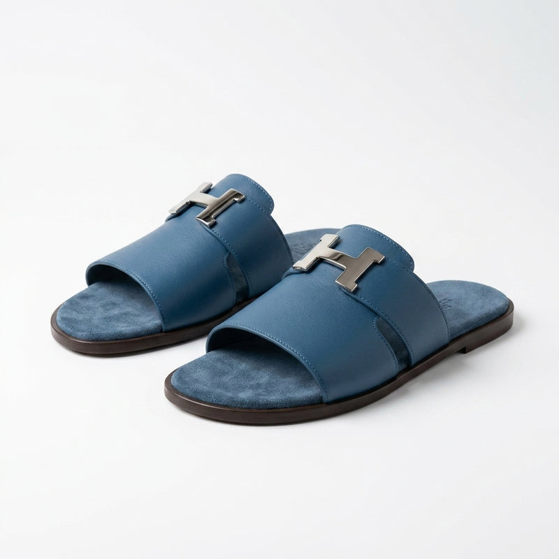 Hermès Men Slides | Santorini Light Blue Silver Buckle