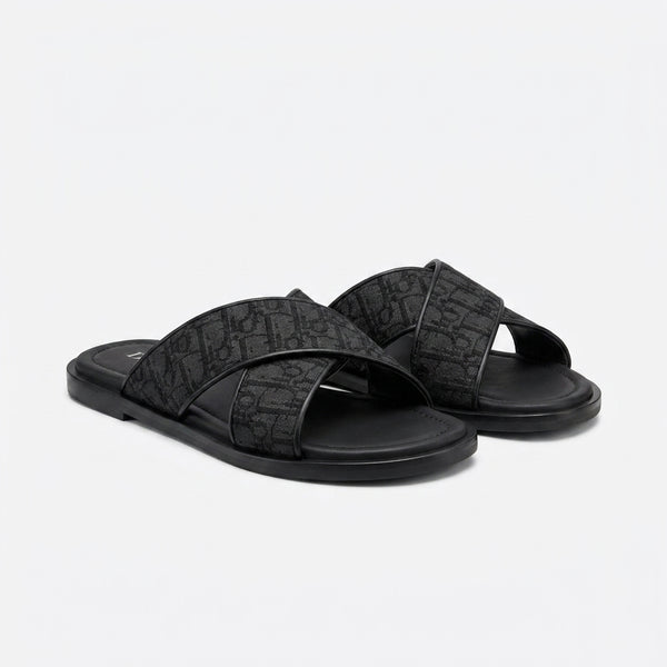 Dior Men Slides | Aqua Cross Strap Black Oblique