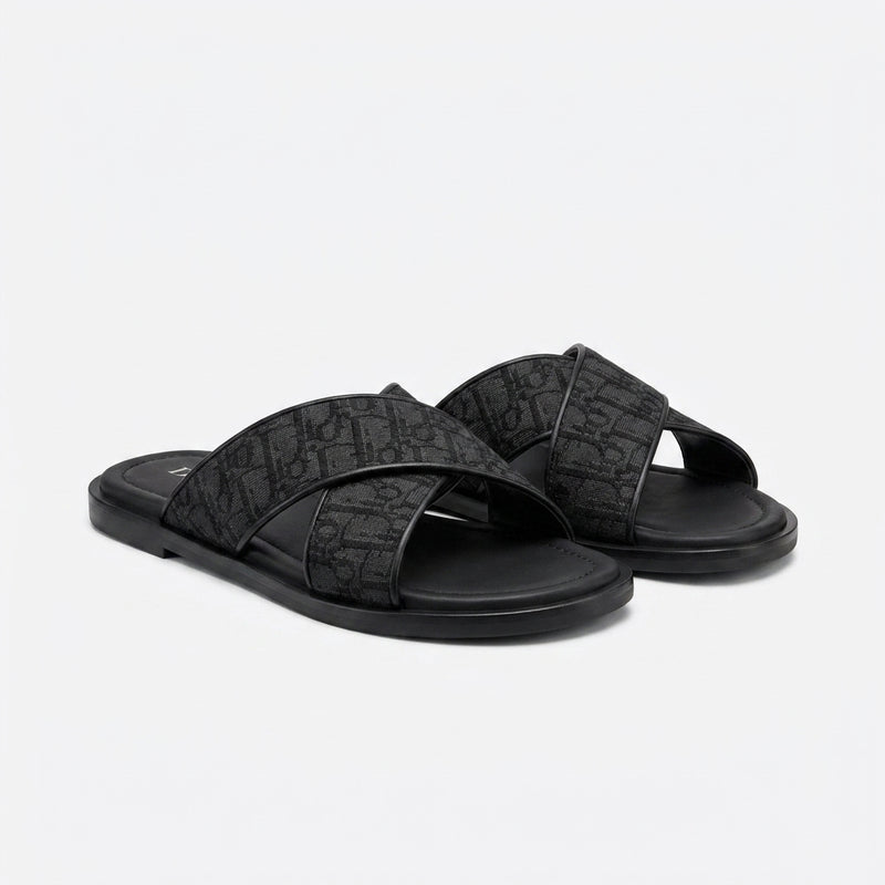 Dior Men Slides | Aqua Cross Strap Black Oblique