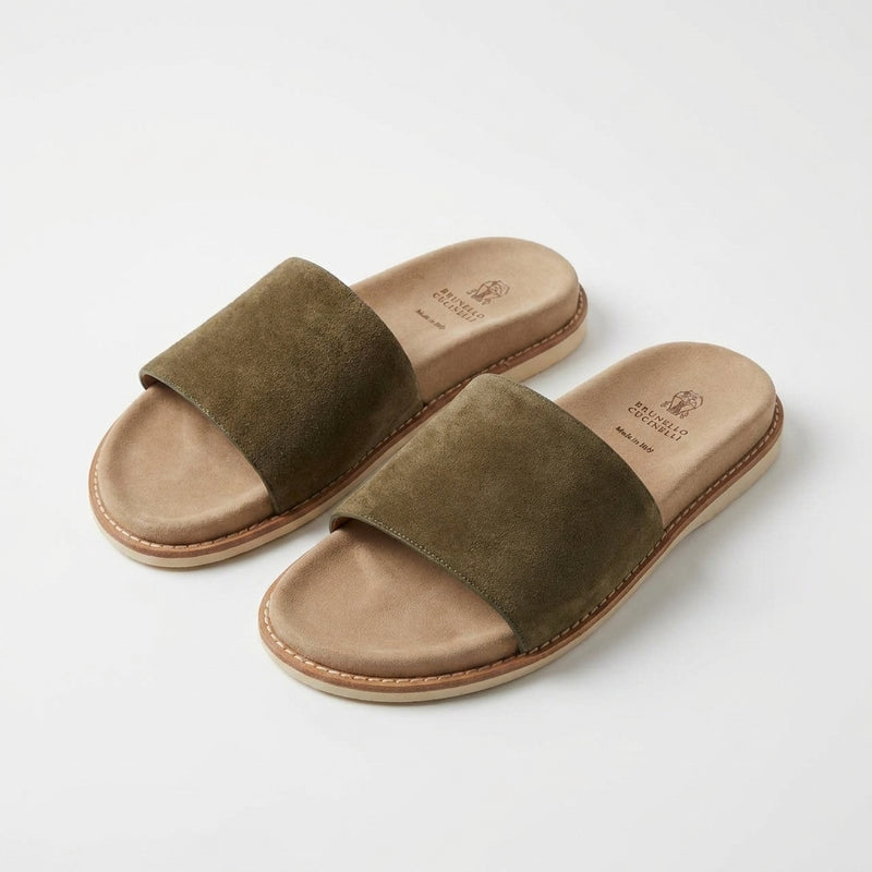 Brunello Cucinelli Men Slides | Olive Khaki Suede