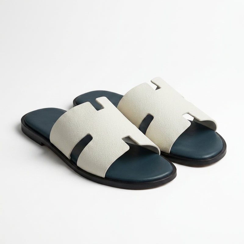 Hermès Men Slides | Izmir White Epsom Dark Teal Sole