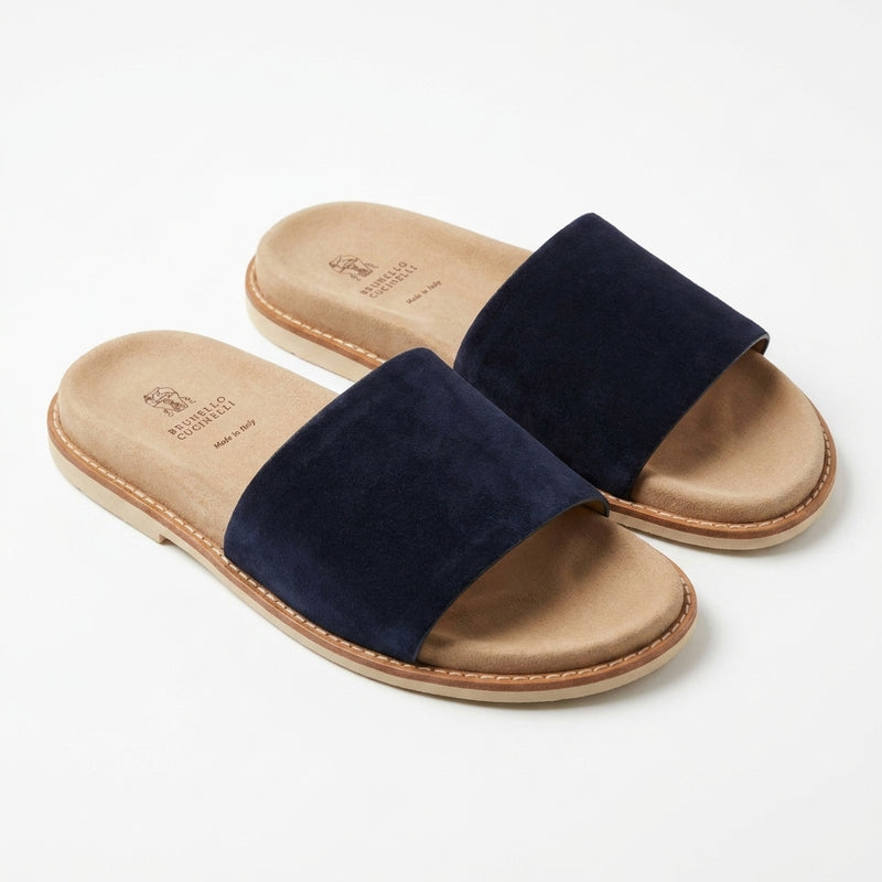 Brunello Cucinelli Men Slides | Navy Blue Suede
