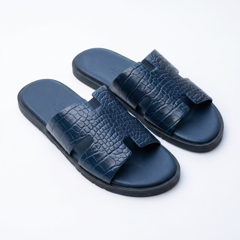 Hermès Men Slides | Izmir Navy Blue Crocodile Embossed