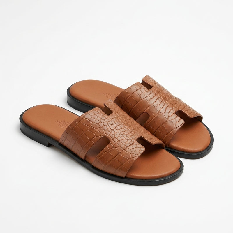 Hermès Men Slides | Izmir Brown Crocodile Embossed