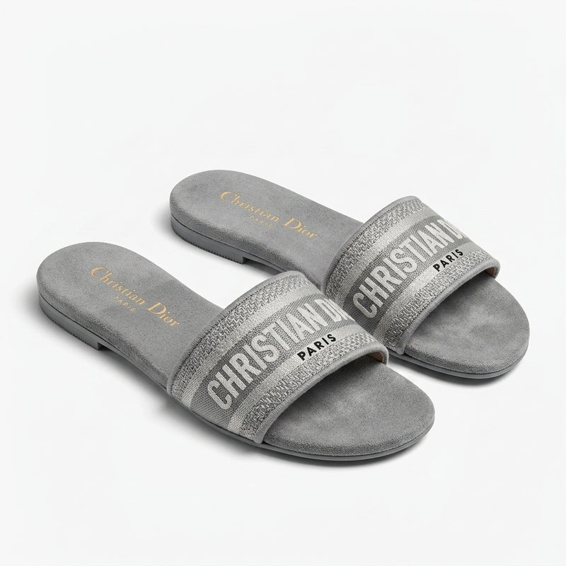 Dior Women Dway Slides | Grey Embroidered