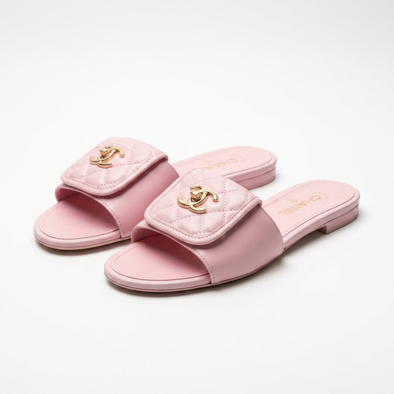 Chanel Women Quilted Flap Slides | Pink