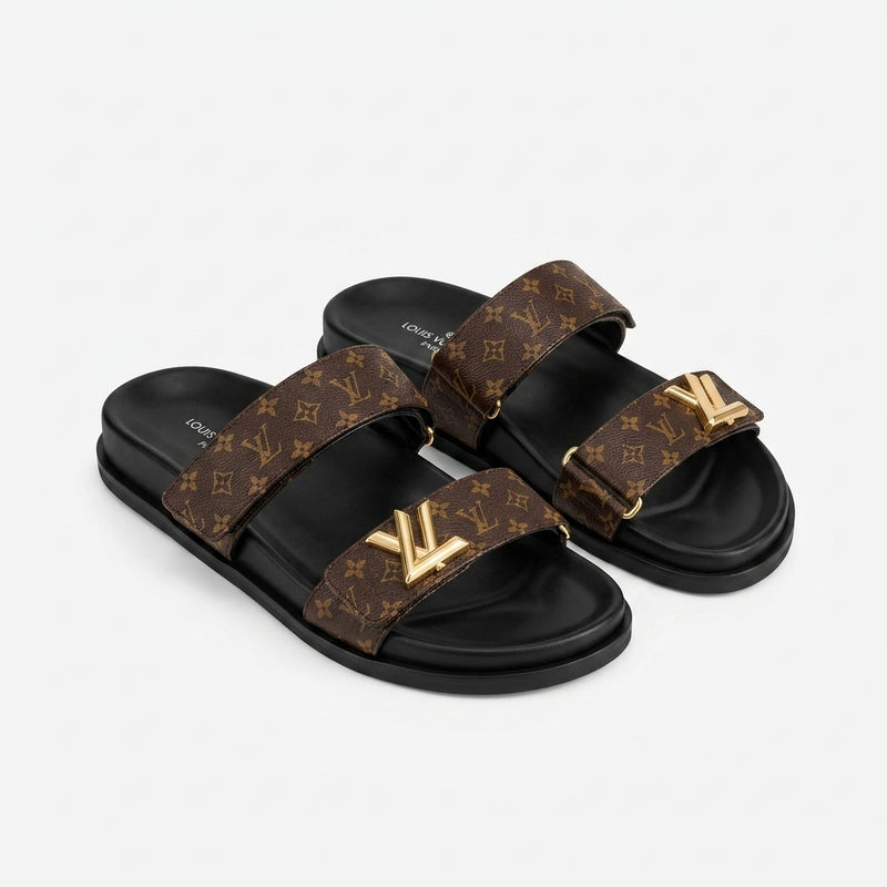 Louis Vuitton Women Monogram Double Strap Slides | Brown Monogram
