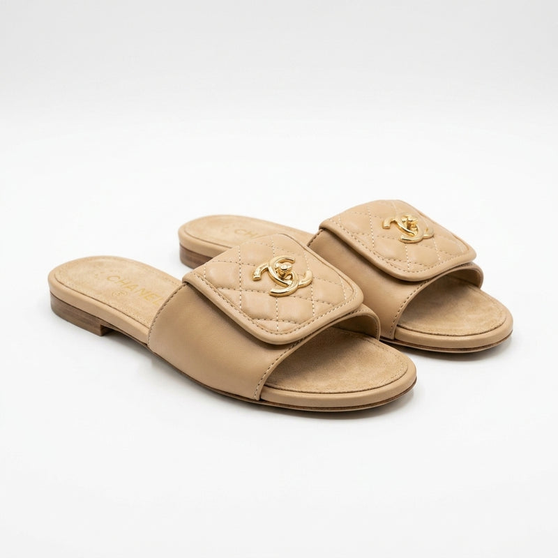 Chanel Women Quilted Flap Slides | Beige