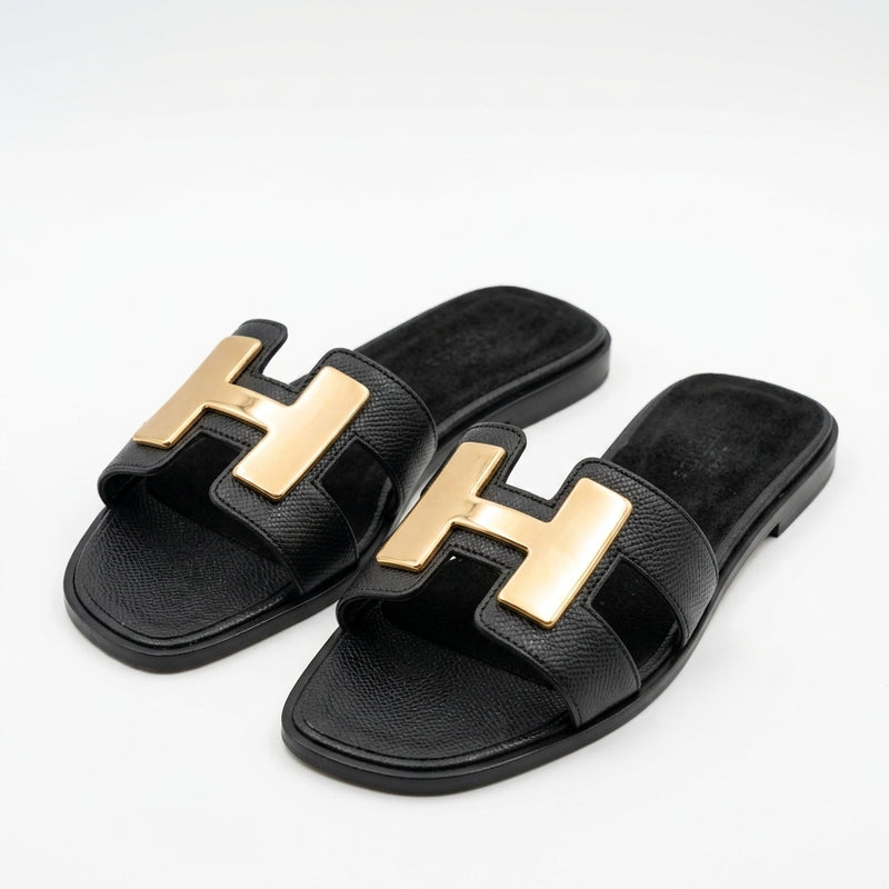 Hermès Women Metal H Flat Slides | Black