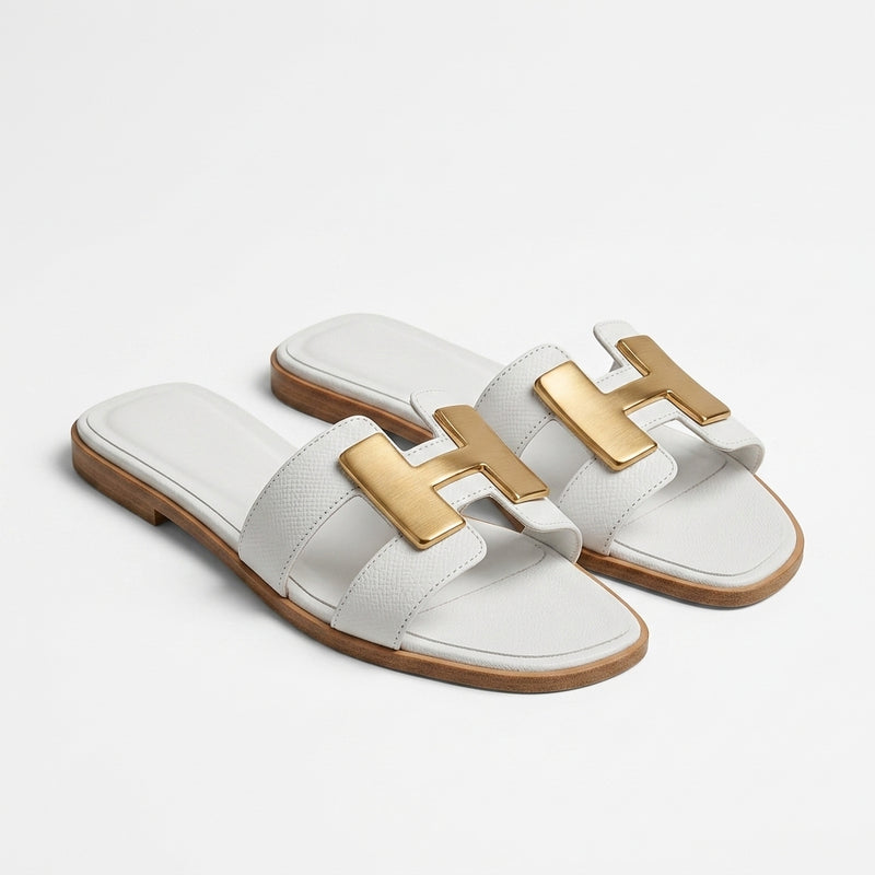 Hermès Women Metal H Flat Slides | White