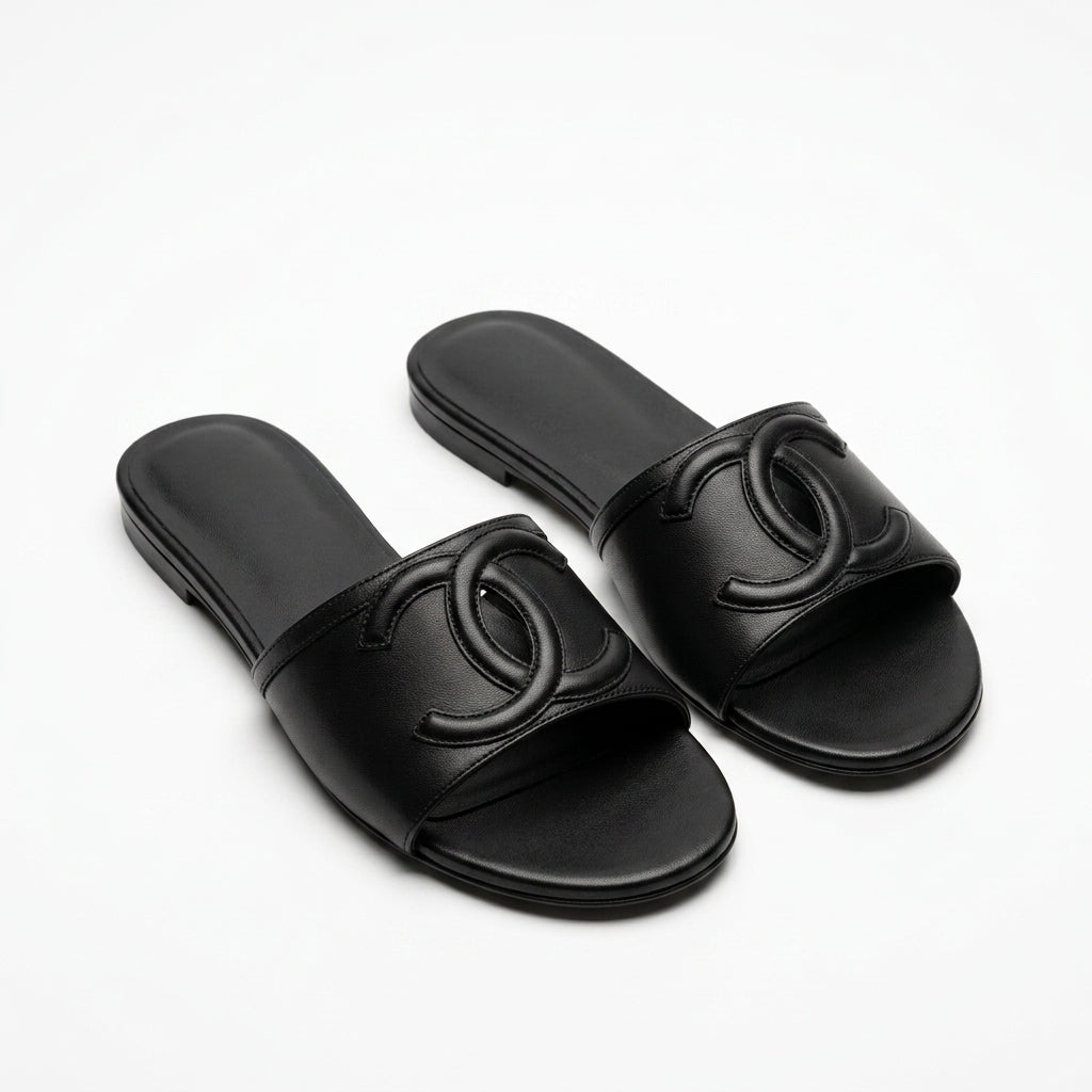 Chanel Women Oversized CC Flat Slides | Black