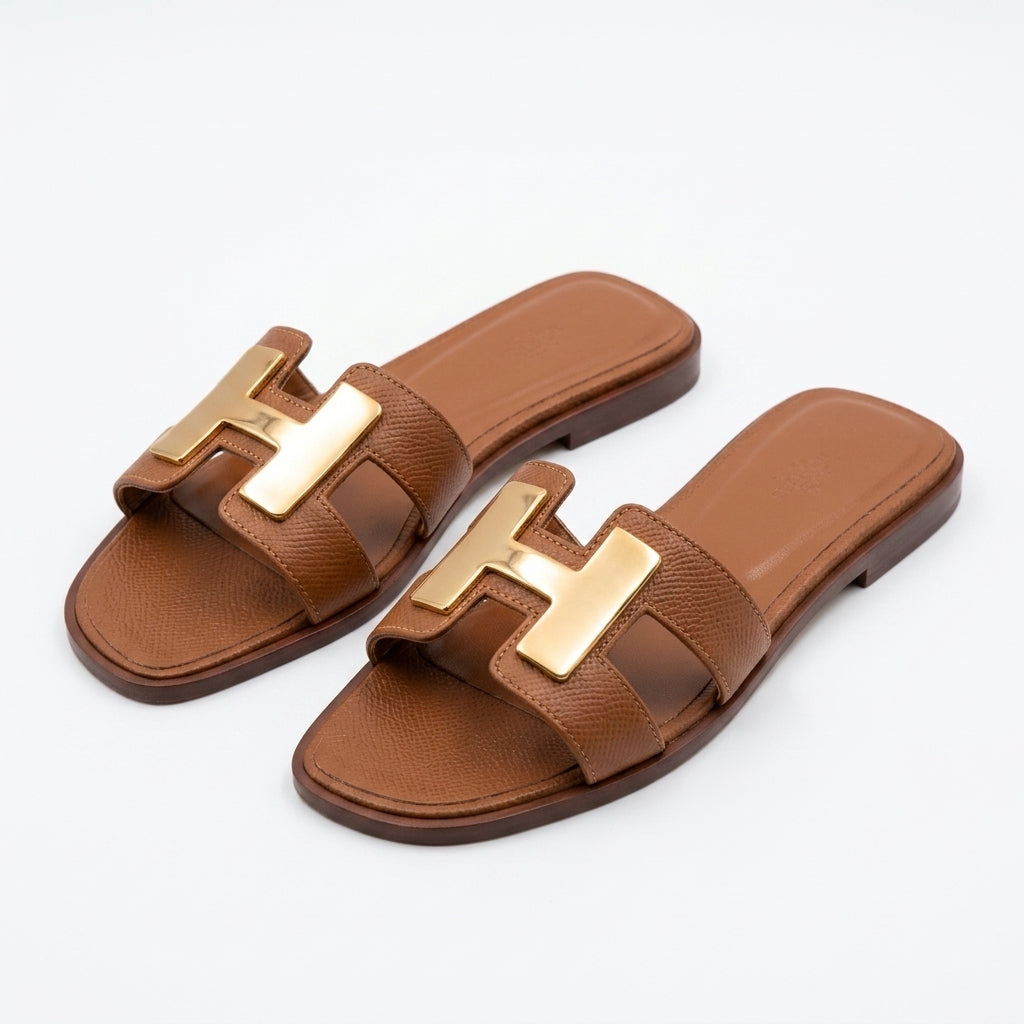 Hermès Women Metal H Flat Slides | Brown