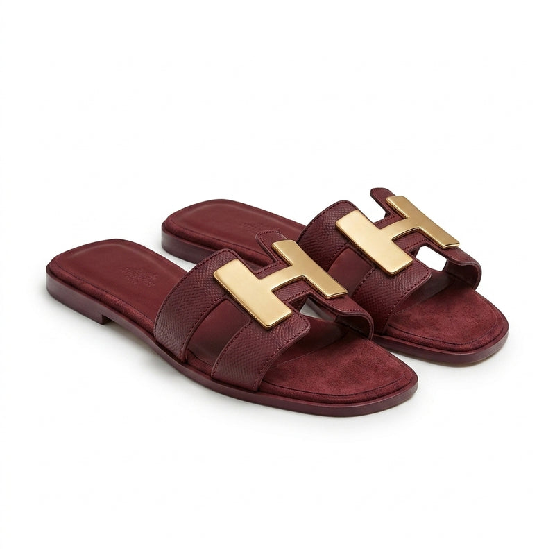 Hermès Women Metal H Flat Slides | Burgundy