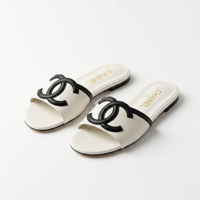 Chanel Women Oversized CC Flat Slides | White with Black CC