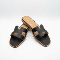 Hermès Women Oran Flat Slides | Black with Tan Footbed