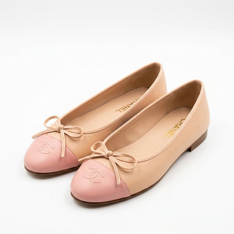 Chanel Women Cap Toe Bow Ballerinas | Beige and Pink