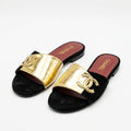 Chanel Women Metallic CC Wide Strap Slides | Black and Gold