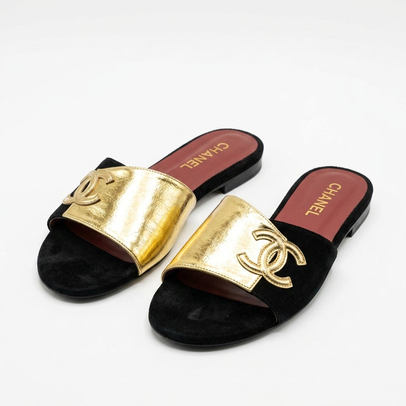 Chanel Women Metallic CC Wide Strap Slides | Black and Gold